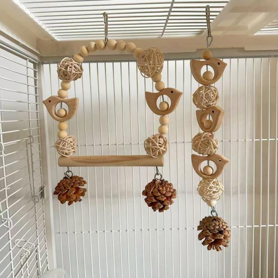Ahşap Papağan Salıncağı Kuş Salıncağı Tünekli Muhabbet Kuşları Oyun ve Çiğneme Oyuncağı Kuş Kafesi Oyuncağı Konur Kuşları Kakadular İspinozlar Sultan Papağanları İçin
