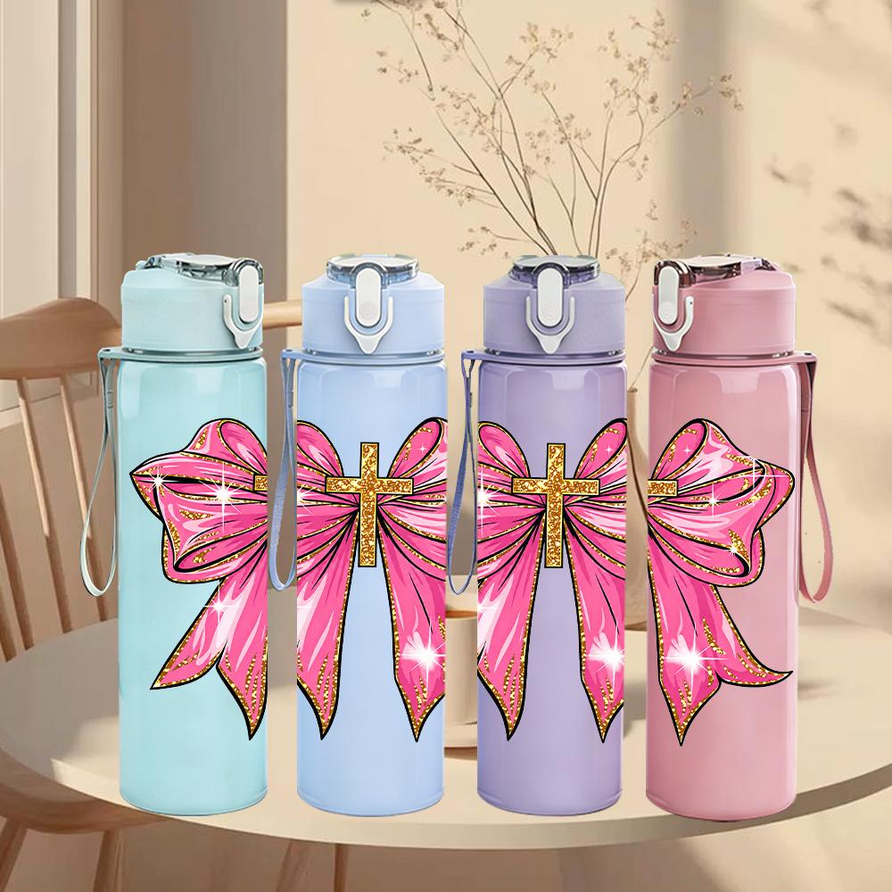 1PC Shiny Large Pink Bow 750ml Color Plastic Sports Water Bottle Leakproof Flip Straw Lid Suitable for Sports Office Home Use