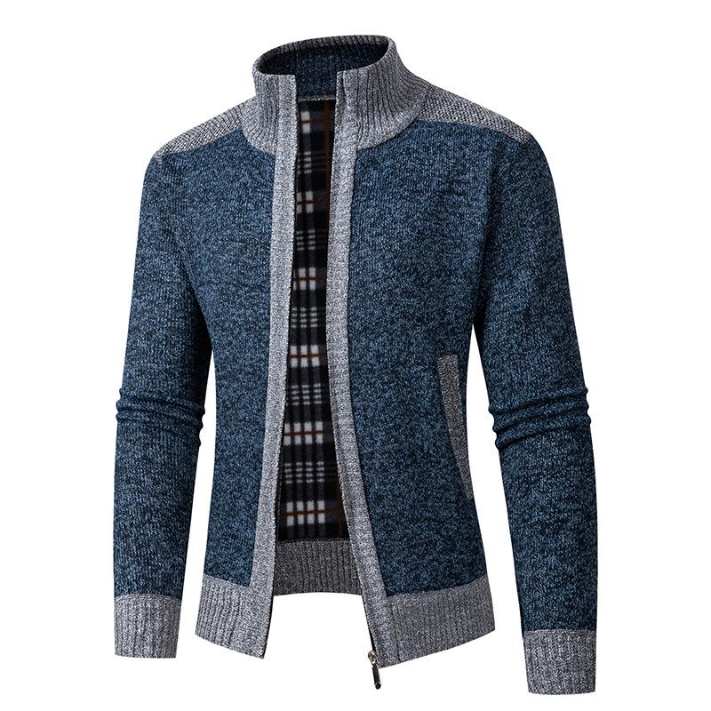 2025 Men's Solid Color Knit Zipper Cardigan - Thick Plus Velvet Coat for Autumn & Winter