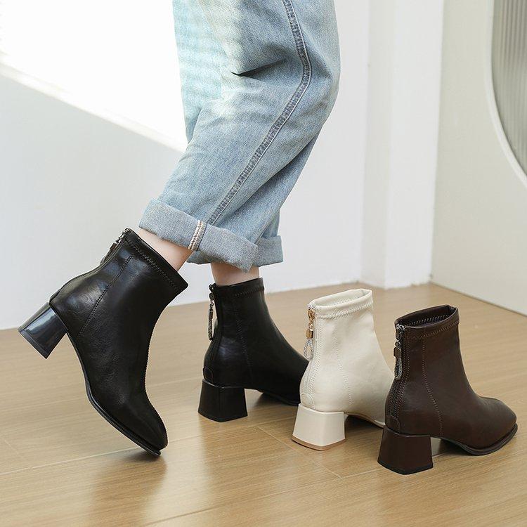 Square head thick heel short boots women's high heel Martin boots 2026 autumn and winter new rear zipper temperament elastic thin fashion boots