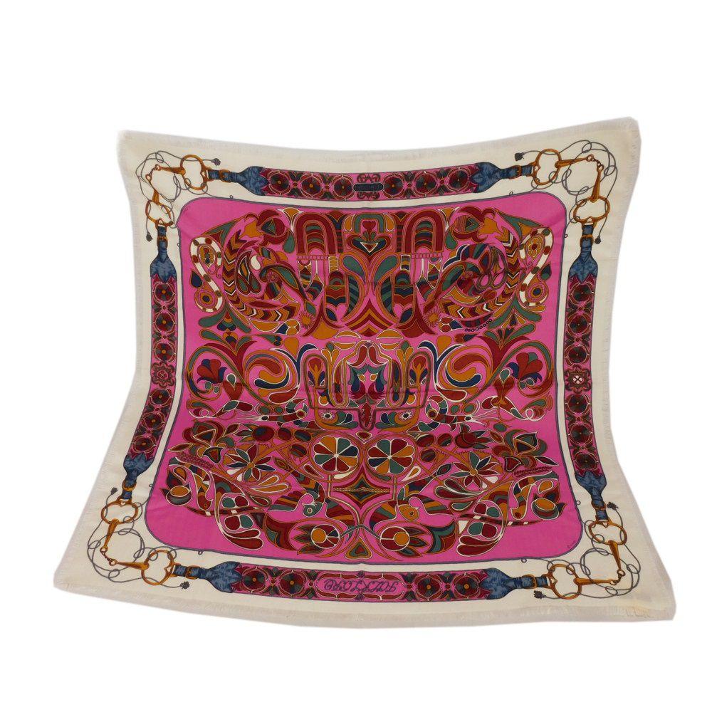 Used 9212 Carre 90 7955 FOLKLORE Folklor Cashmere Silk White Multicolor Folklore Rose Women's from Japan AUTHENTIC