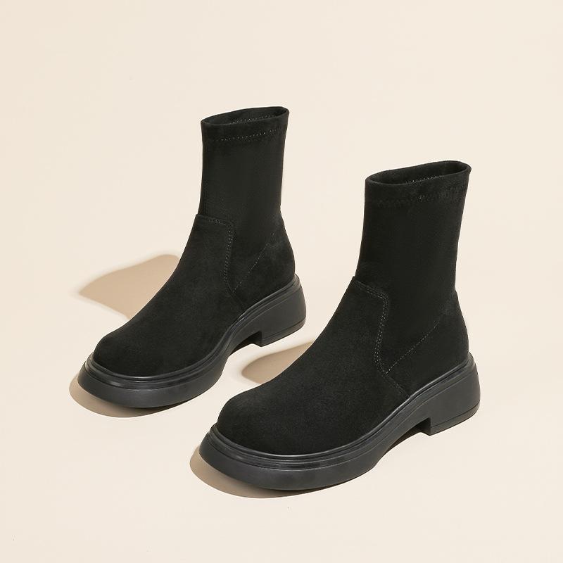 Short Boots for Women In Autumn and Winter New Retro Round Toe Thick Heel Short Knight Boots Suede Versatile Thin Boots Women's Shoes