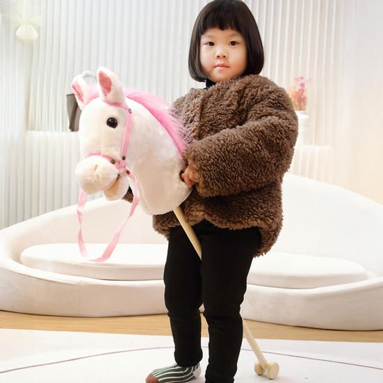 Plüsch-Steckenpferd-Spielzeug für Kinder, handgefertigt, Steckenpferd auf einem Stock, Rollenspiel, simulierter Ponykopf, Reitstock-Spielzeug mit Holzrädern