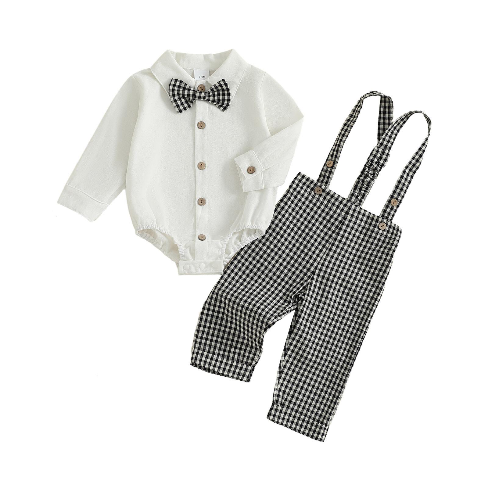 

Toddler Boy Gentleman Outfit Button Up Romper with Bow Tie and Plaid Suspender Pants Set for Formal Wear 0-3M чорний
