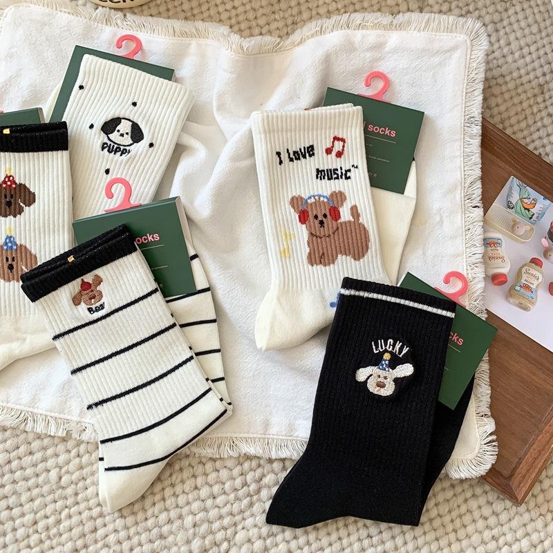 Damskie Jesienno-Zimowe Nowe Bawełniane Skarpetki Bezszwowe w Paski, Kropki, z Kreskówkowym Psem