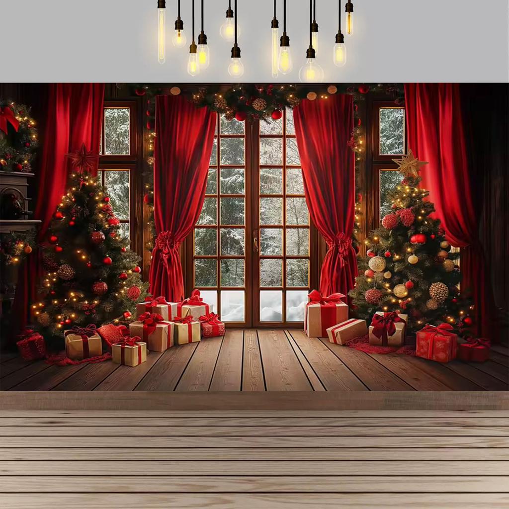 Christmas Red Curtain Decoration Backdrop Winter Snow Scenery Fireplace Santa Claus Photography Backdrop Holiday Party Supplies