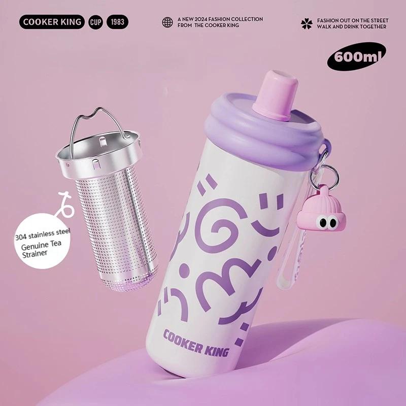 COOKER KING 600ml Insulated Cup with Tea Strainer Straw Thermos Cup Stainless Steel Vacuum Flask Girls Students Hot & Cold Flask