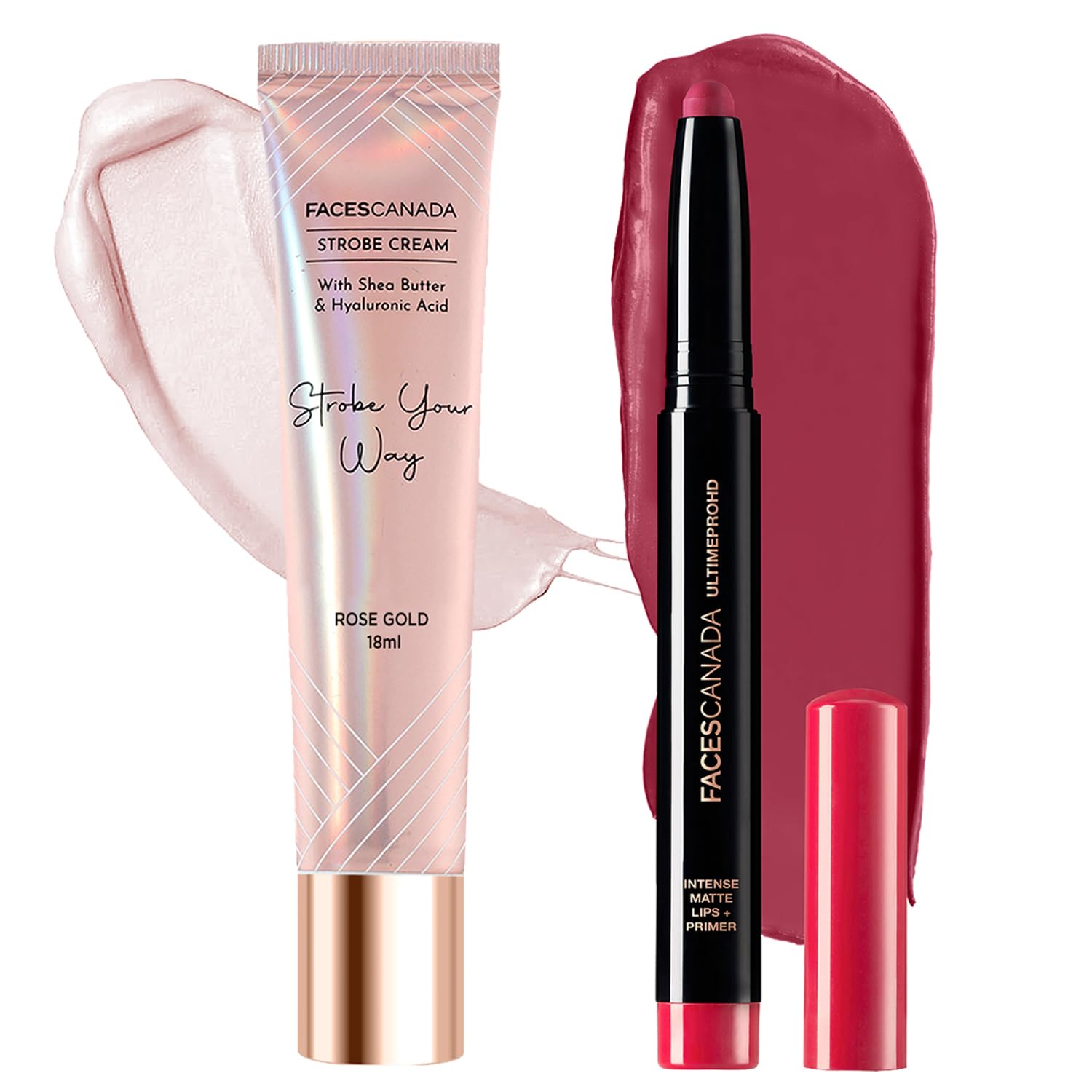 FACES CANADA Lip & Face Bestsellers Combo - Ultime Pro HD Intense Matte Lips + Primer - Bold Wine, 1.4g + Strobe Cream Mini - Rose Gold, 18ml | P