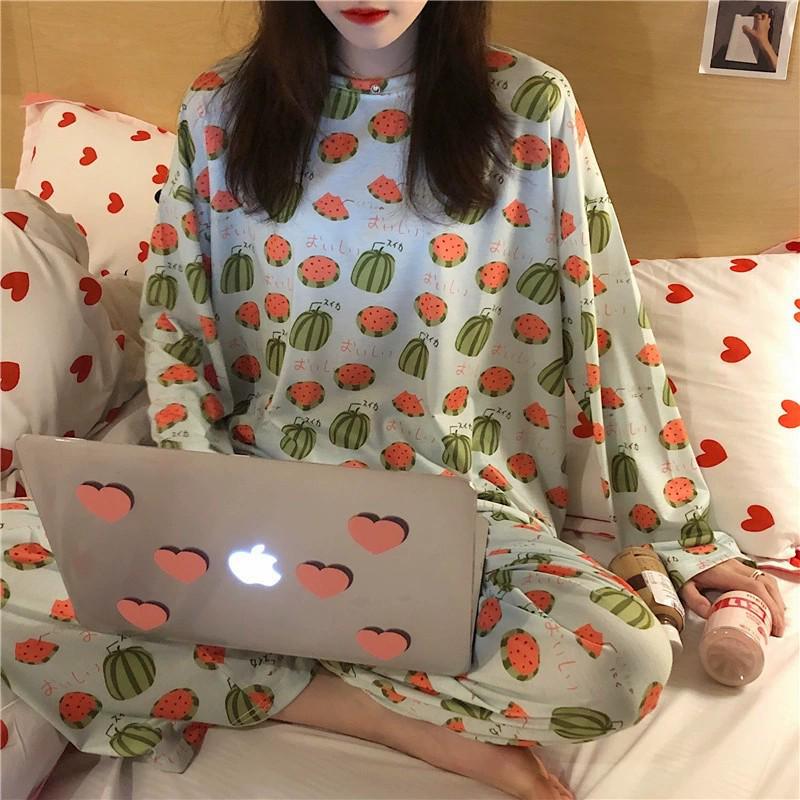 Women's Korean Style Pajama Set: Long Sleeve, Round Neck, Cute Cartoon Print, Comfortable for Spring & Autumn