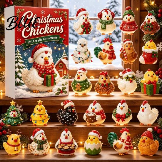 Christmas Advent Calendar Blind Box Chicken 2026, 24 Unique 2D Acrylic Holiday Countdown Surprise Gift Ornaments, Cute Tree Decorations for