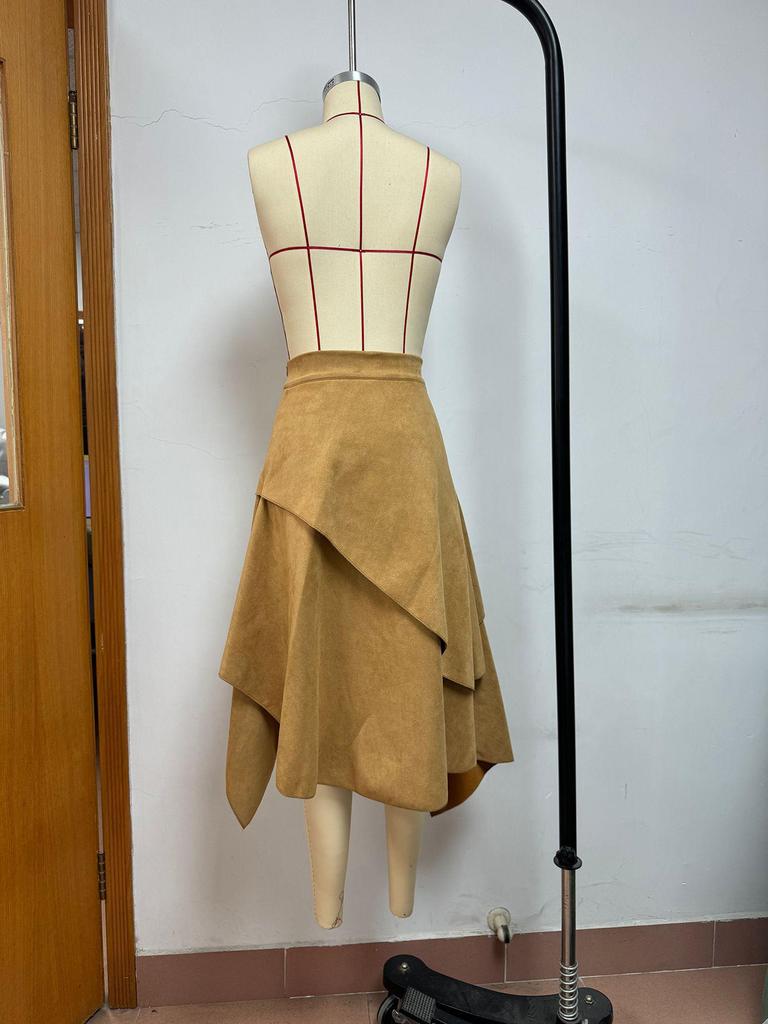 Retro Europäischer Unregelmäßiger Westlicher Wildlederrock, Einfarbig, Kollektion 2026