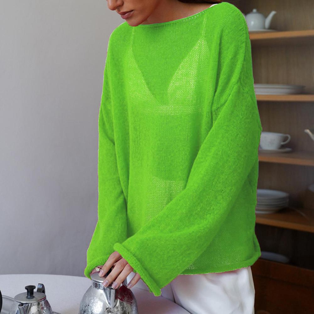 

Ажурная трикотажная рубашка весна/лето женская перспектива тонкая большая круглая горловина рукав труба трикотажная футболка L зелёный