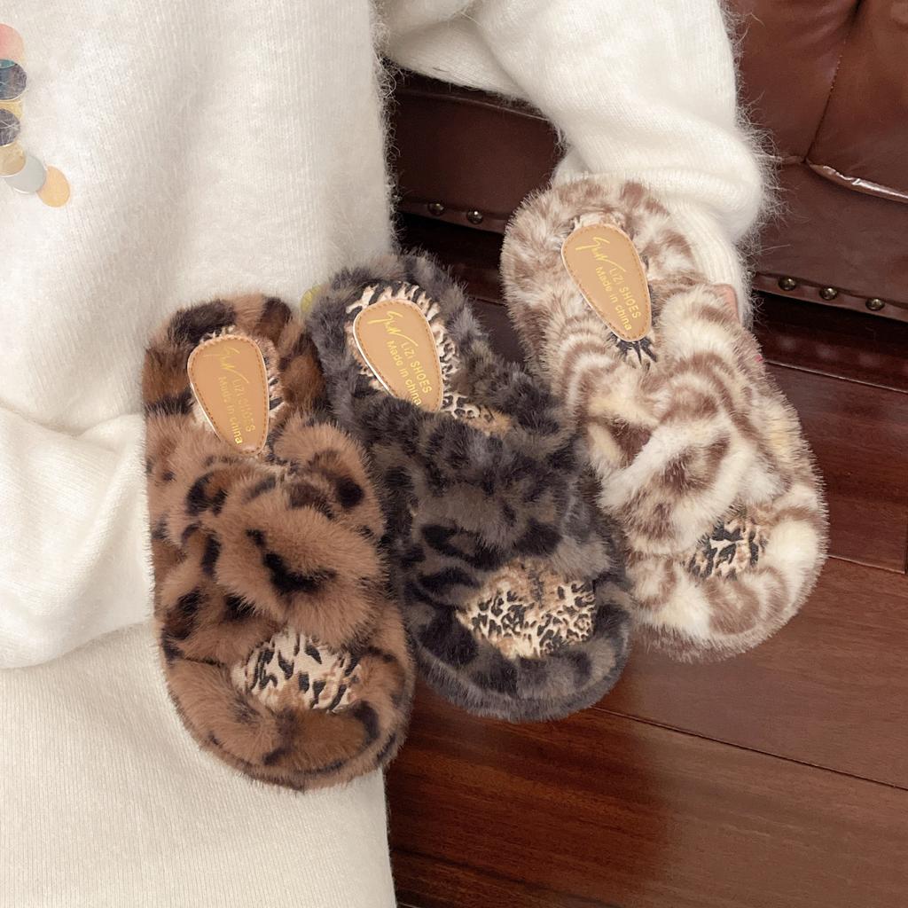Internet Celebrity Leopard Print Fluffy Slippers 2025 Winter New Korean Version Flat Bottom Non-slip Indoor Cotton Mop Versatile Plush Women's Shoes