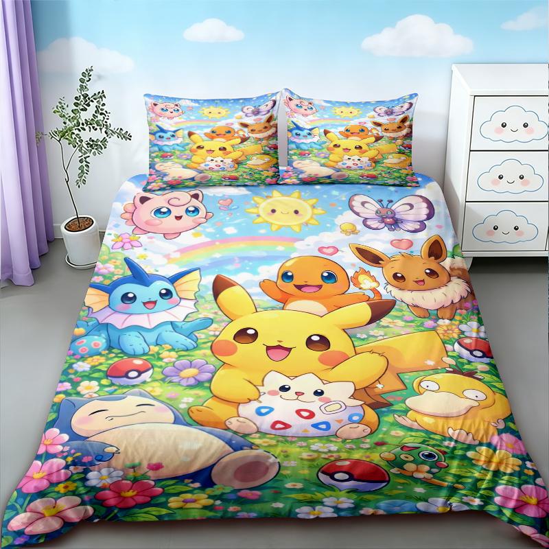 

CDuvet Cover lassic P-Pikachu Print Bedding Set 3PC 1 2Pillowcases Adult and Children Bedding Set Warm Gift for Family 135x200cm