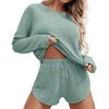 Damen Waffelstrick Pyjama Set Lässiges Langarm Oberteil und Shorts Nachtwäsche 2-teiliges Pjs Lounge Set mit Taschen