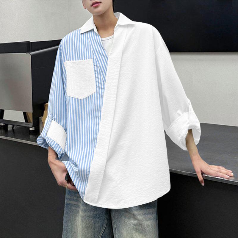 INCERUN Oversized Men Lapel Neck Long Sleeve Striped Patchwork Casual Shirts Tops 