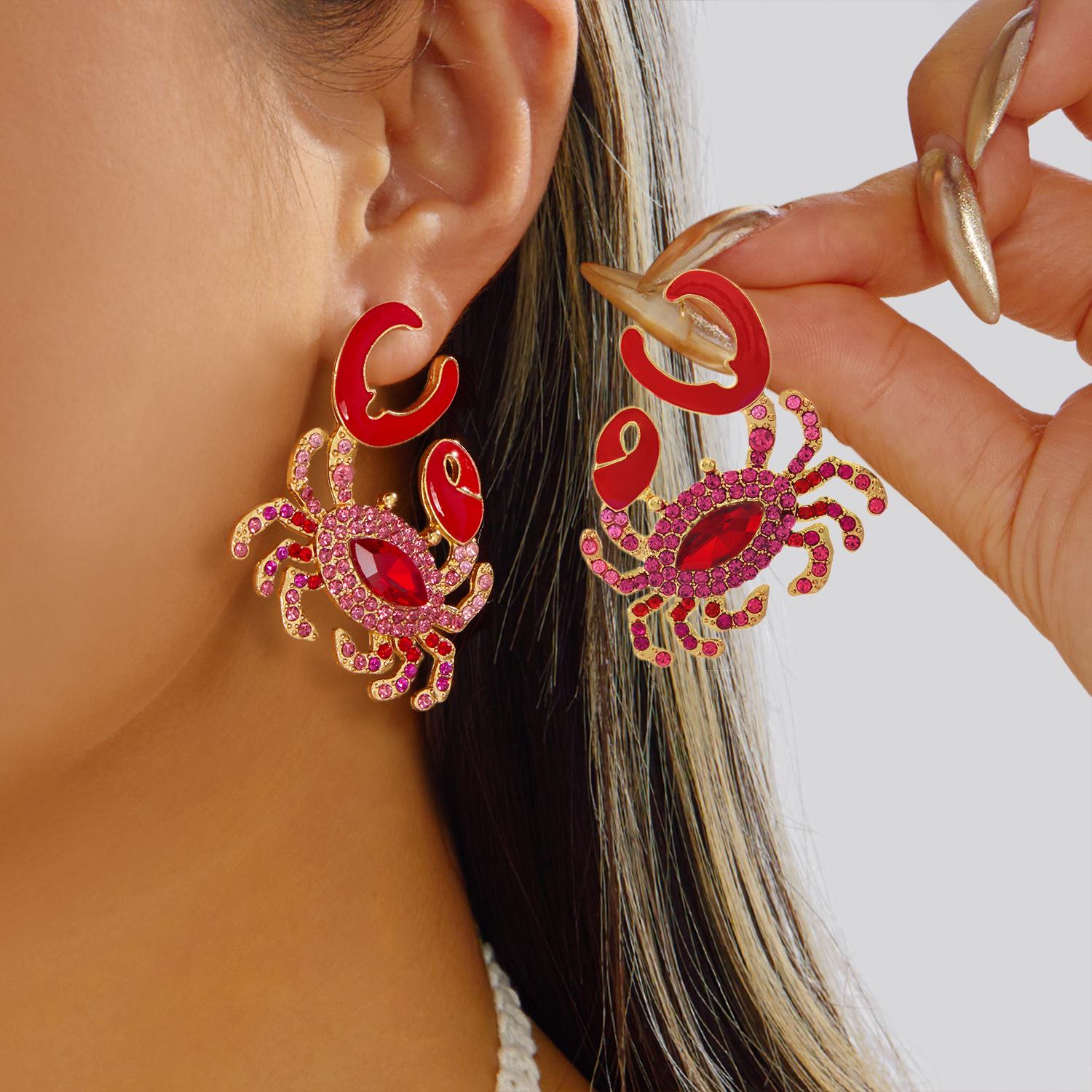 Ocean Theme Blue Enamel Rhinestone Seahorse Drop Earrings for Women Funny Creative Marine Animal Lobster Earring Beach Jewelry