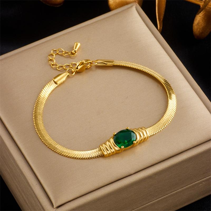 Gold Plated Herringbone Necklace with Emerald Green Oval Crystal Pendant Fashion Jewelry for Women