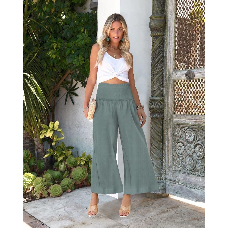 Summer Women's Pants Solid Colour High Waist Drawstring Trousers Casual Cotton Linen Pants Cropped Pants