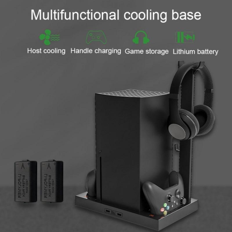 Suporte para Xbox Series X com ventoinha, estação de carregamento para dois controles com 4 ventoinhas de resfriamento, 1 suporte para fone de ouvido, pacote com 2 baterias recarregáveis de 1400 mAh