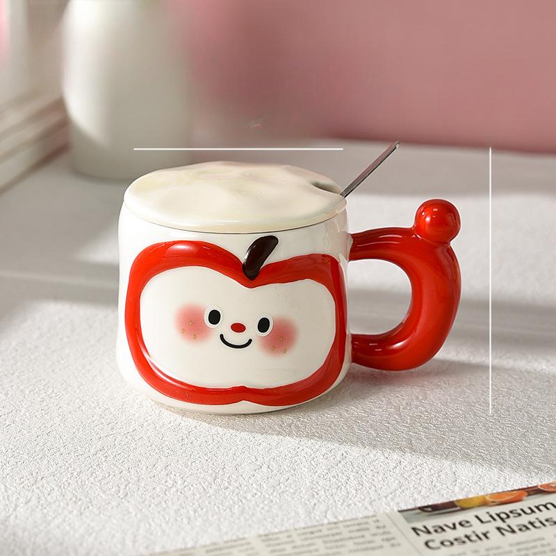 Cute Apple Mug Couple Design Feeling Niche with Lid with Spoon Ceramic Household Lady's High Pretty Drinking Water Cup