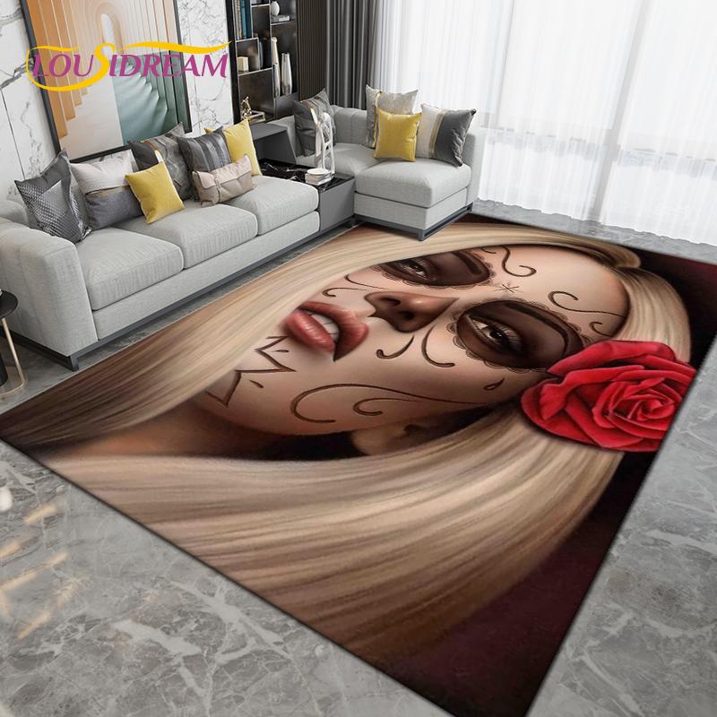 Cartoon Skull Girl Area Rug Large,Carpet Rug for Living Room Bedroom Sofa Decoration,Doormat Kitchen Bathroom Non-slip Floor Mat