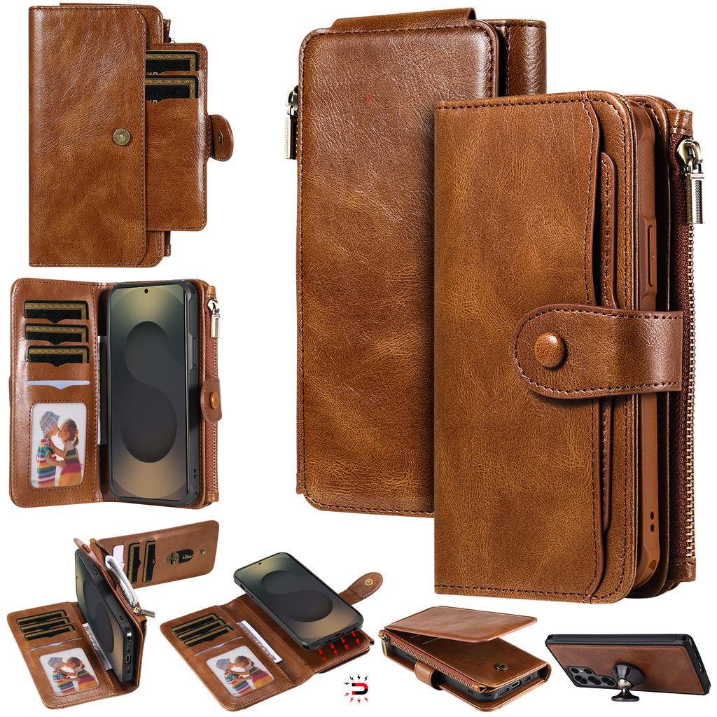 For Samsung Galaxy S25 Ultra Phone Case PU Leather Zipper Wallet Detachable Cover