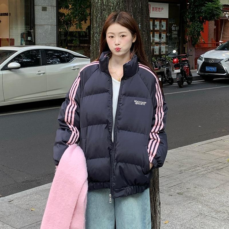 

Новое зимнее хлопковое пальто со стойкой воротником, универсальное и модное, в корейском стиле, приталенное и теплое, полосатое хлопковое пальто M синий