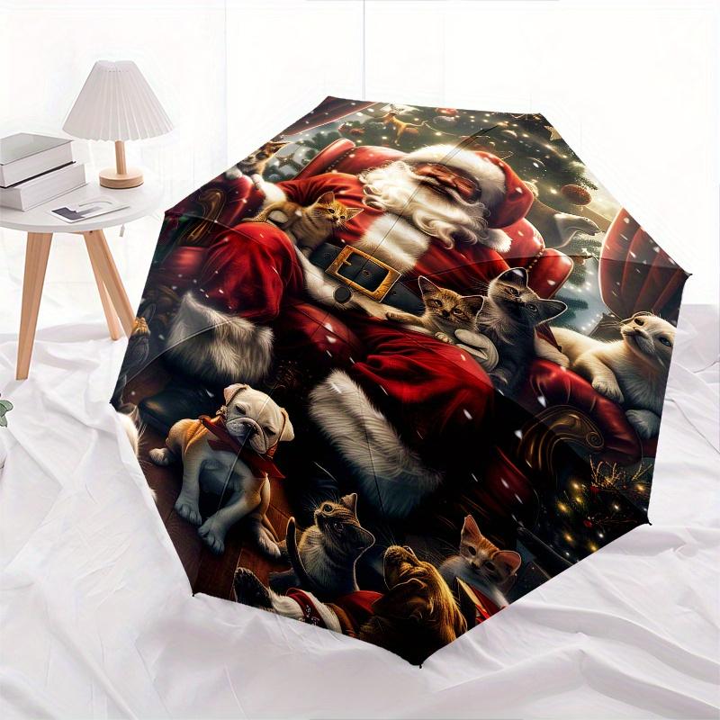 Santa Claus, Christmas Theme 8 Bone Hand Automatic Folding Umbrella, Compact and Portable Design, A Perfect Gift for Birthday, Christmas or