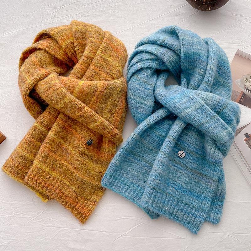 Blue Soft Waxy Wool Knitted Scarf Men's and Women's Autumn and Winter Warm Wool Scarf Cold Protection Cervical Spine