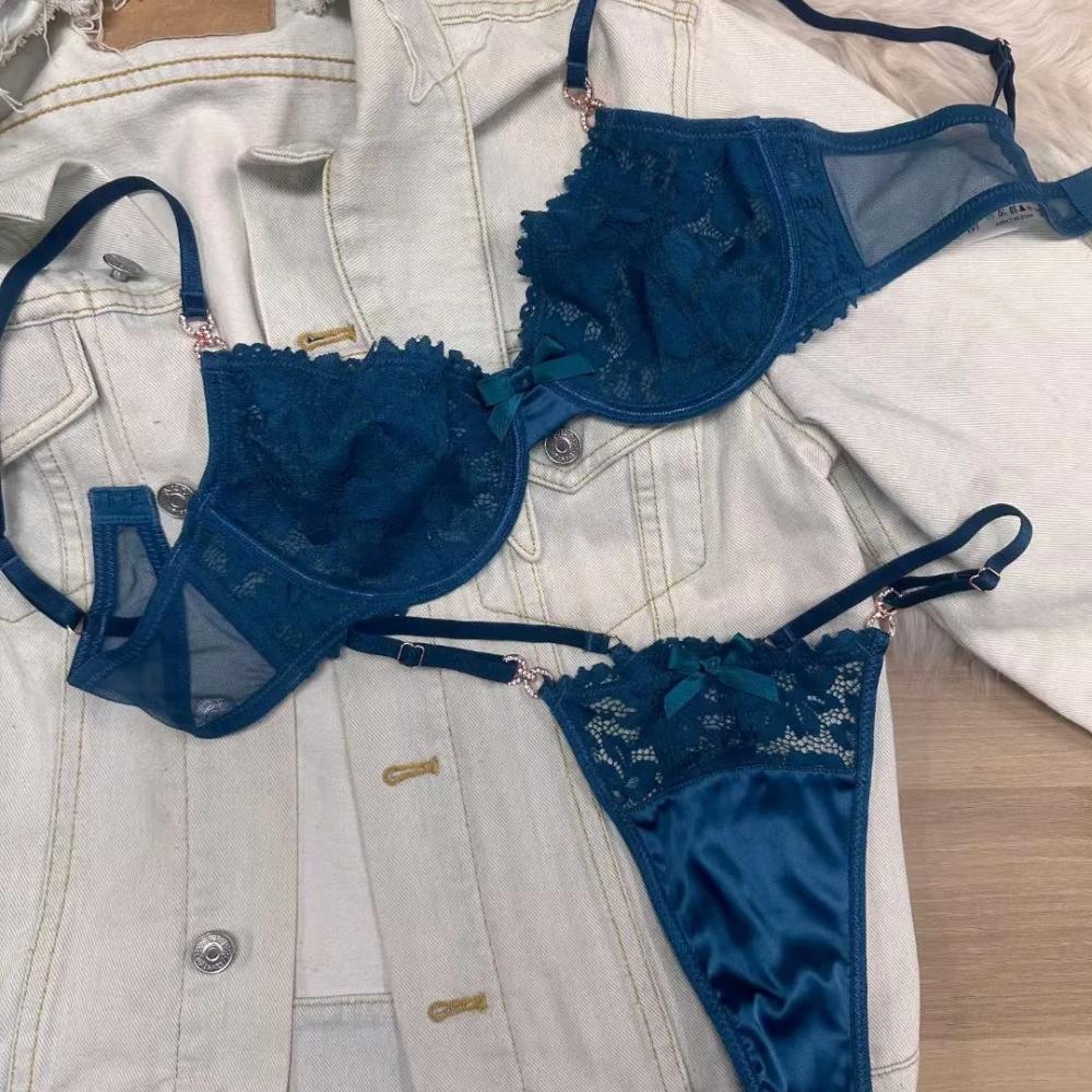 Set de lenjerie de corp sexy pentru femei, franțuzesc, ultra subțire, respirabil, din dantelă, broderie, cu strasuri de lux, set de sutien și tanga