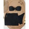 Black Bandeau Three Piece Bikini Set with Gold Decor Sheer Mesh Skirt Cover Up
