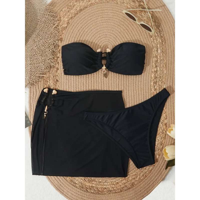 Black Bandeau Three Piece Bikini Set with Gold Decor Sheer Mesh Skirt Cover Up