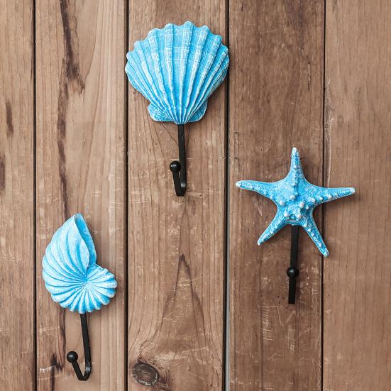 3 Pezzi Ganci da Parete, Ganci Appendiabiti Vintage in Metallo e Resina a Forma di Conchiglia per Bagno Cucina Ingresso, Appendioggetti Decorativo a Tema Spiaggia con Stella Marina Conchiglia,