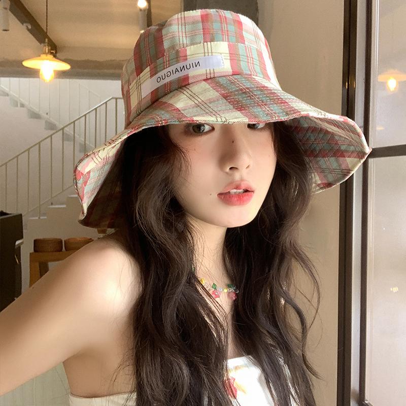 Plaid fisherman's hat children summer versatile big brim show face small sun hat sunscreen sun hat tide