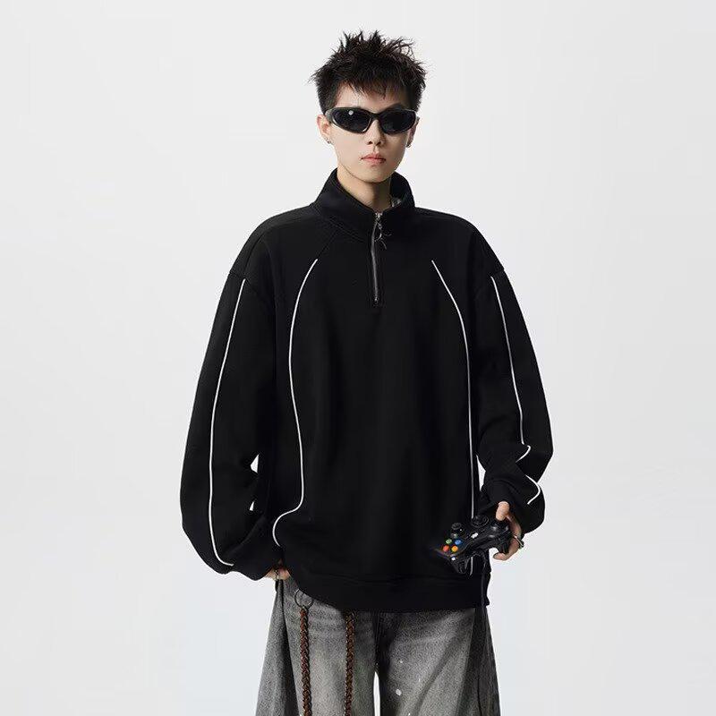 Men s Retro Half-Zip Stand Collar Hoodie - Autumn Loose Fit with Contrast Stitch Design 3XL чёрный