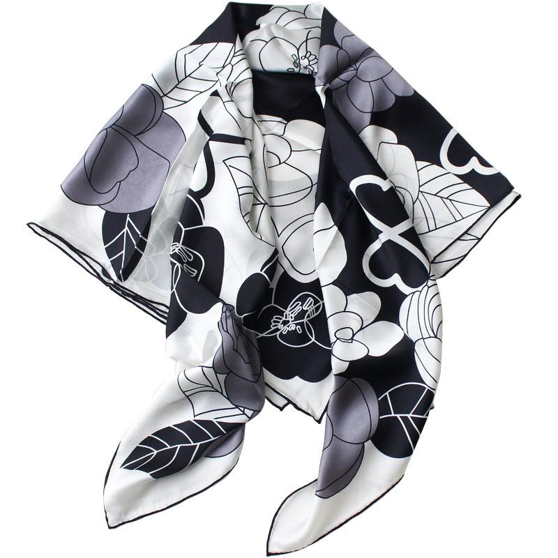Simple Camellia Classic Black And White Gray Color Scheme Hand Curled Mulberry Silk Versatile Silk Plain Crepe Satin Large Square Scarf Silk Scarf