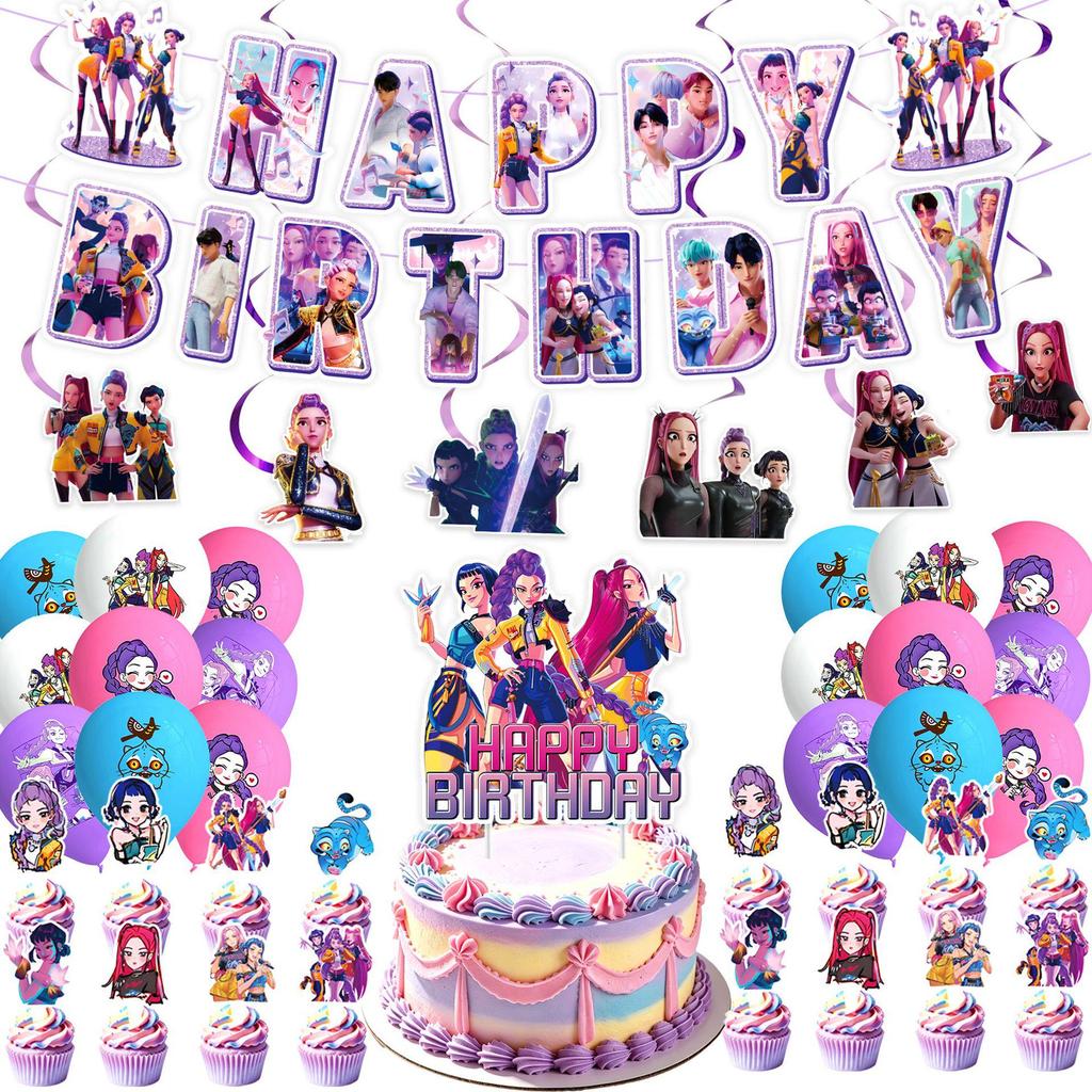 KPOP Dämonenjäger Mädchen Geburtstag Dekoration Set: Banner, Kuchendekorationen & Hängende Dekorationen