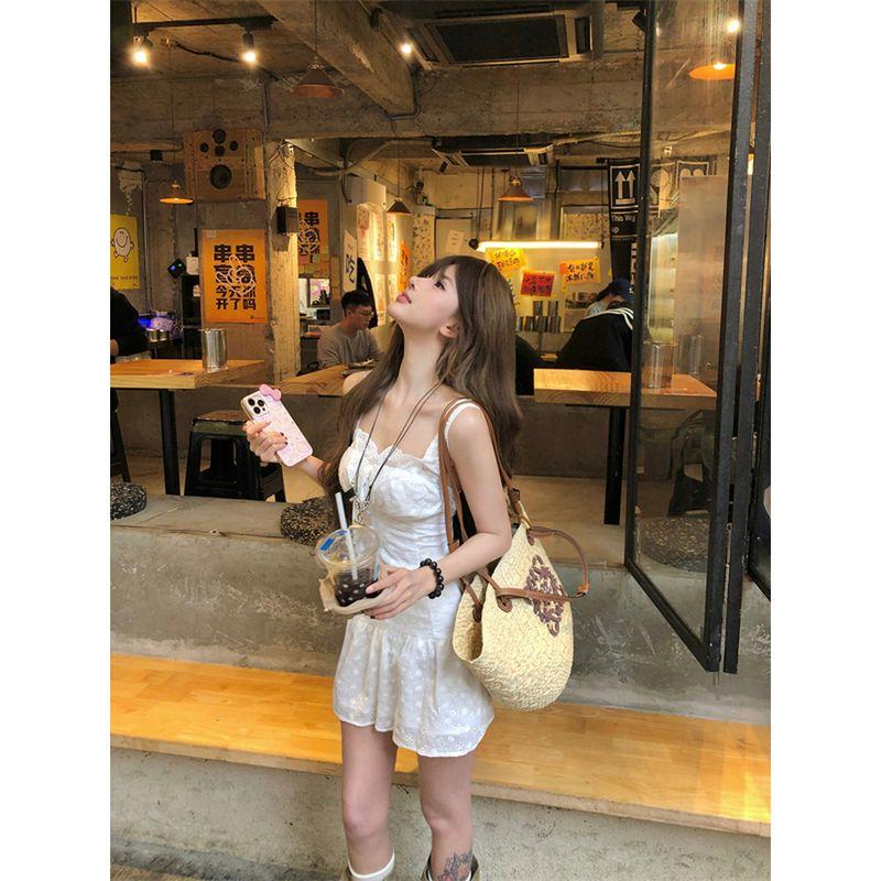 Kumikumi French Sweet Style Sexy Lace Sling Dress Women's Summer Waist-Tight Slim Looking A- line Skirt Skirt