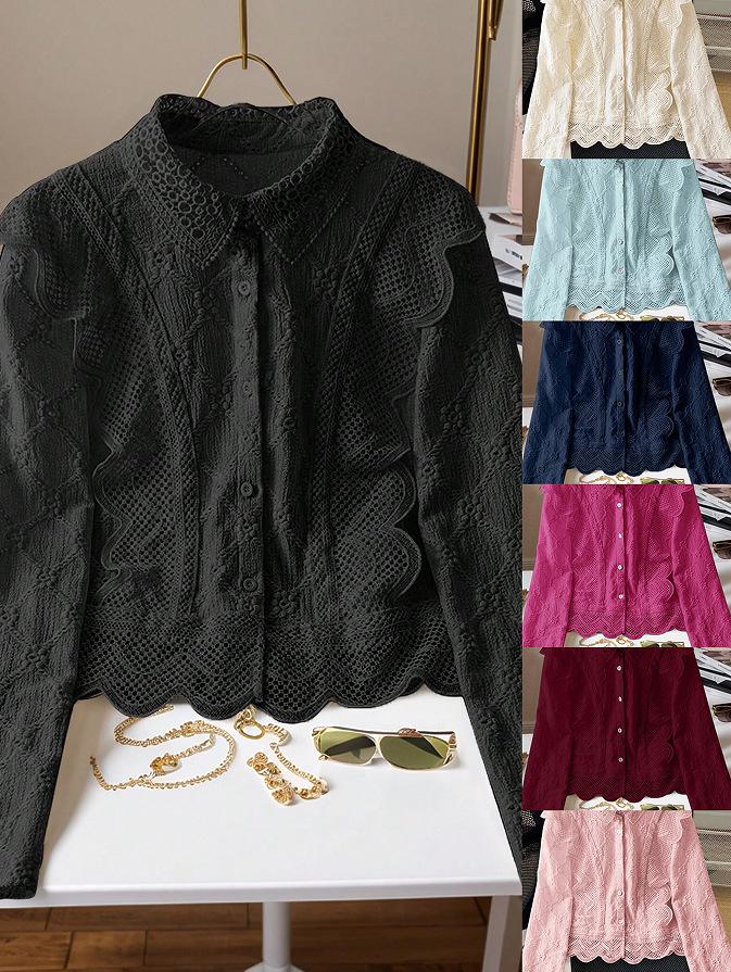 Women s Hollowed-out Lace Splice Long Sleeve Blazer Shirt Medium