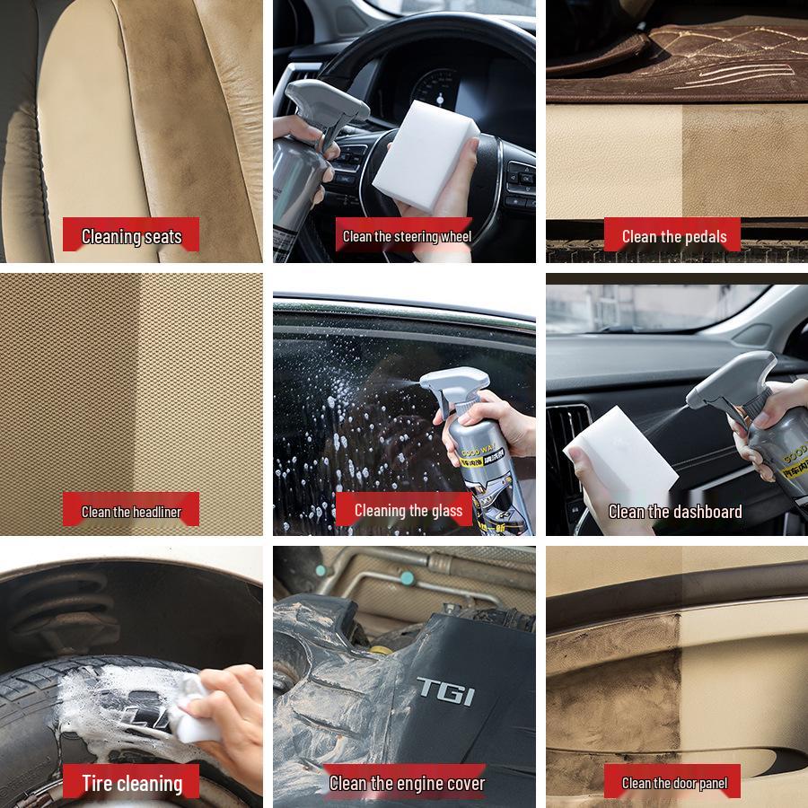 Wash-Free Car Interior Foam Cleaner Spray - Strong Stain Remover for Headliners & Leather.
