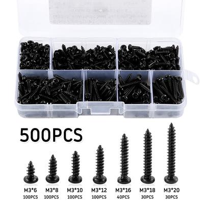 500pcs Durable Metal M3 Screw Kit Black Finish Cross Head Self Tapping Screw Fastener Round Head Pan Head Screw Hardware