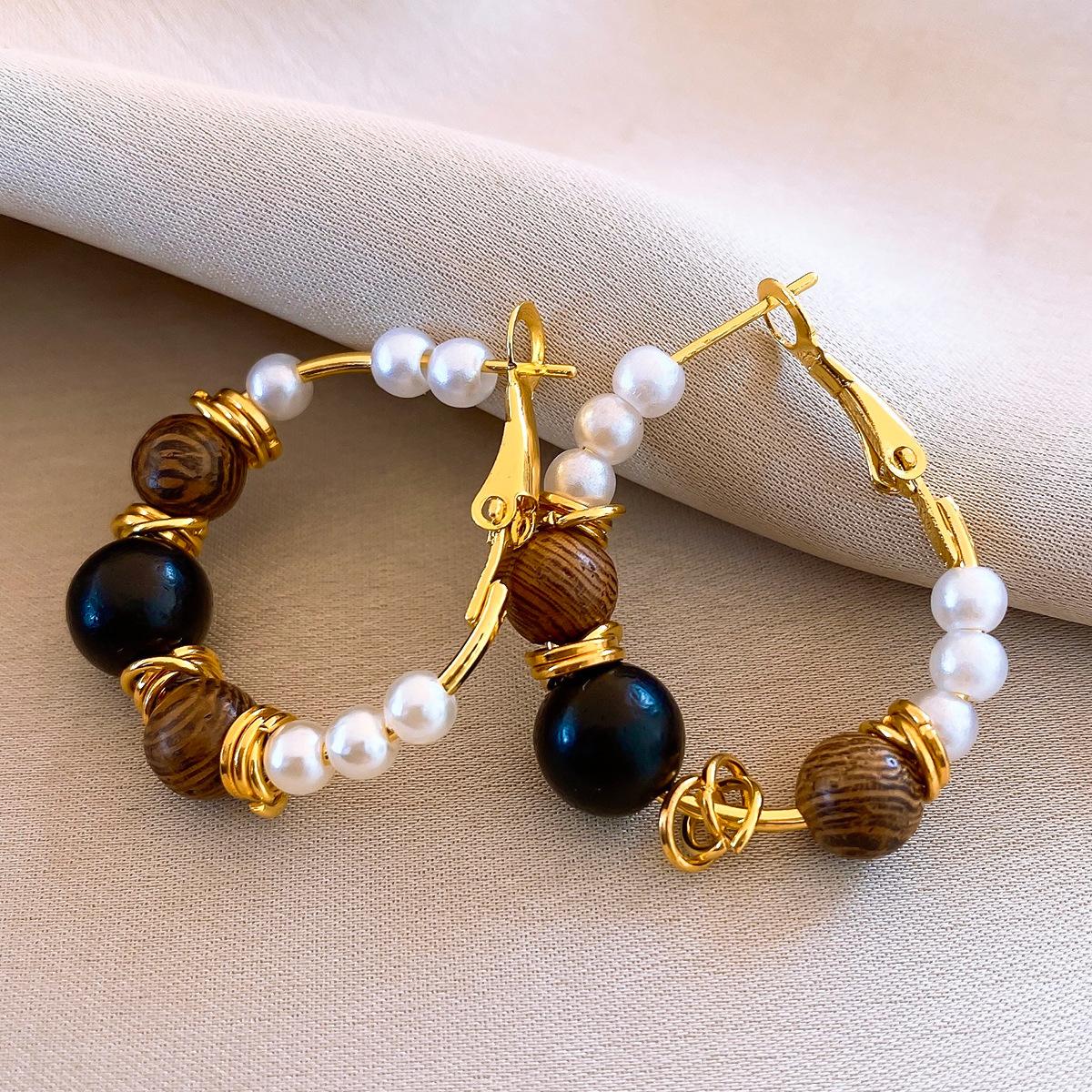 Autumn and winter retro wood beads beaded pearl earrings earrings personality temperament earrings women