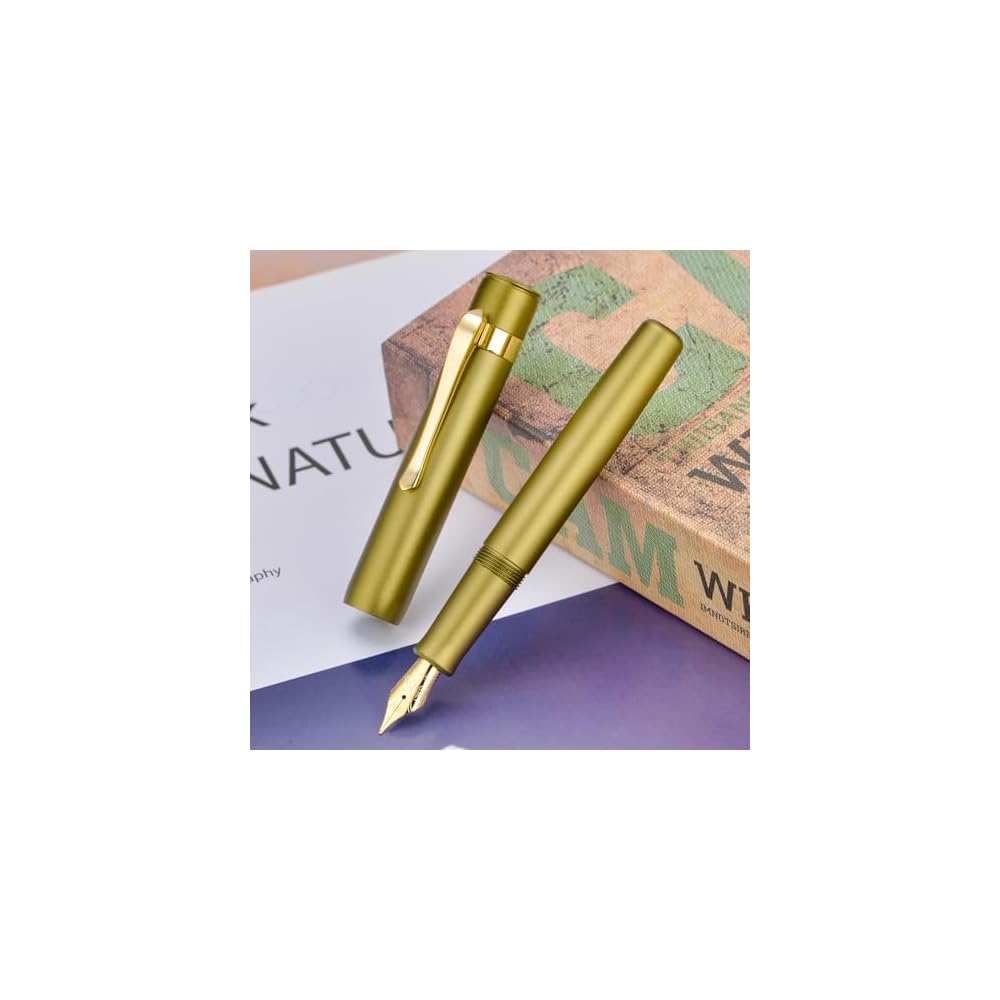 Hongdian M2 Mini Fountain Pen, Olive Green, Fine Nib, Soft Tip, Aluminum, Slim Pocket Travel Pen