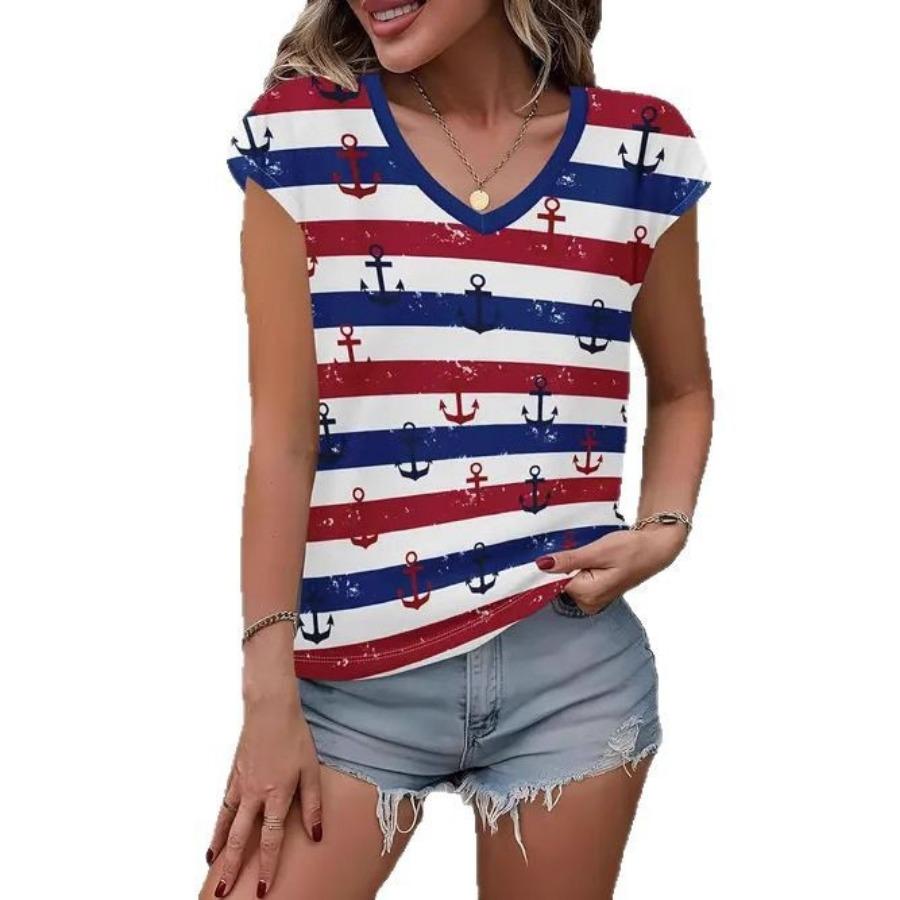 Camiseta vintage para mujer con estampado floral, manga corta, cuello en V, tops cómodos