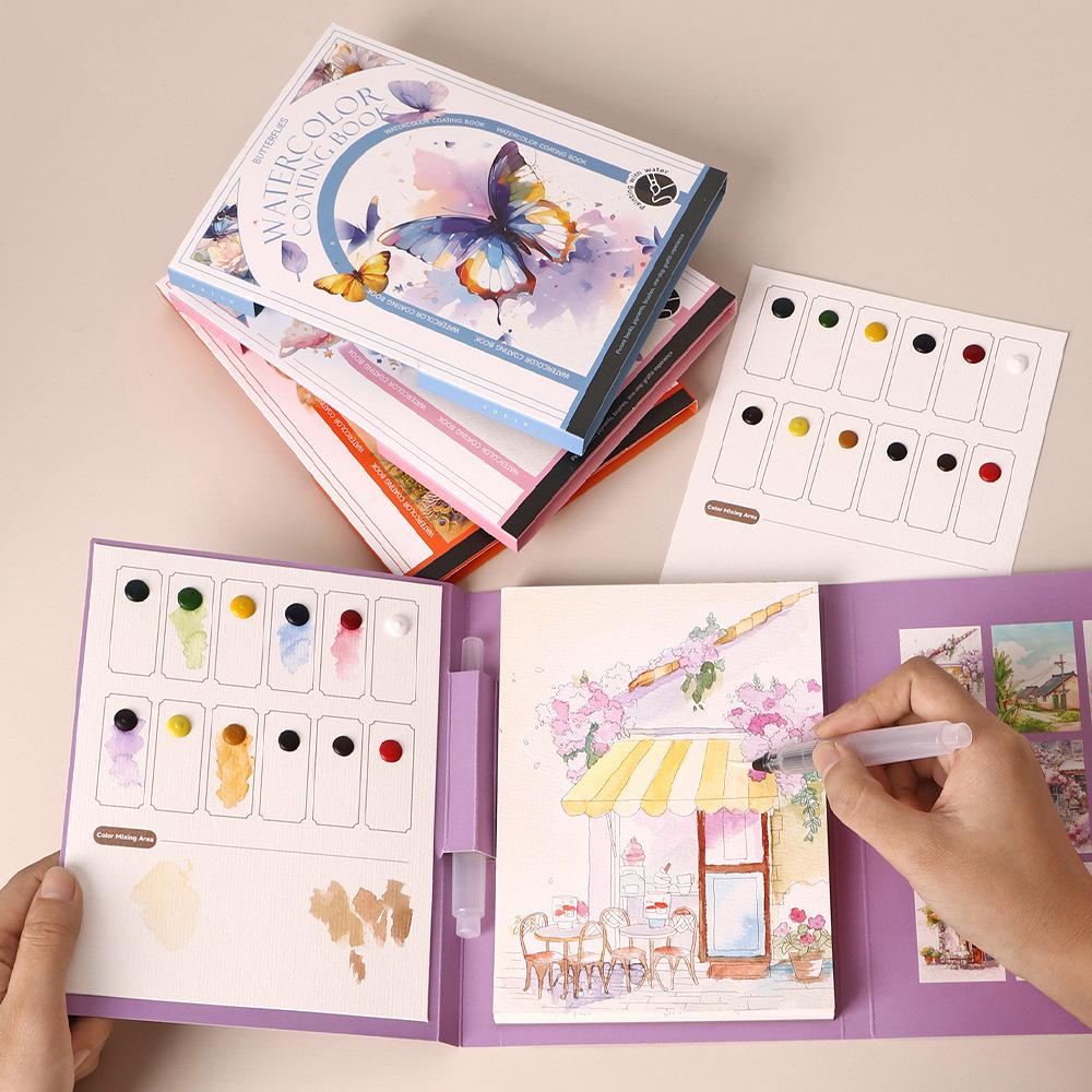 Travel Watercolor Painting Set with Tri-Fold Book, Built-in 12 Colors & Stress Relief Note Paper for DIY Art Therapy