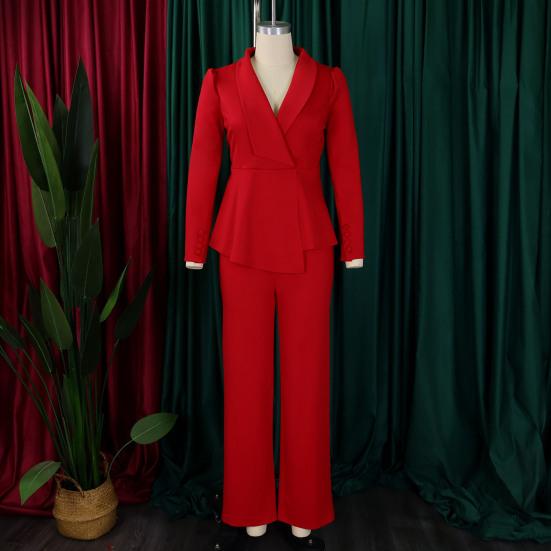 Womens Plus Size 2 Piece Outfits Long Sleeve Ruffle Irregular Hem Blazer Pants Set Business Suit Office Work Set
