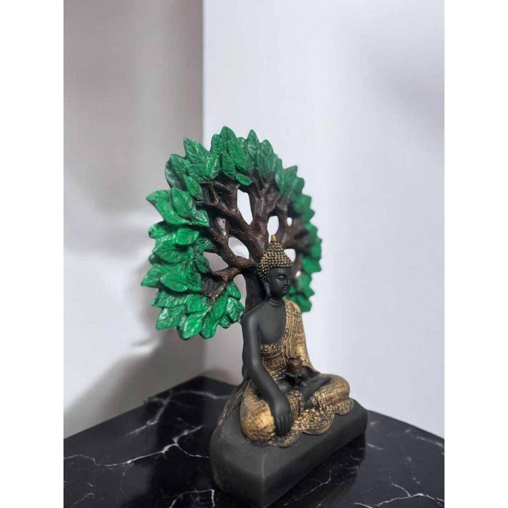 Tree Buddha Statue Showpiece Idol Home Decor Items for Living Room and Gifts Decorative Showpiece - 24 Cm  (Resin, Black, Green, Gold)