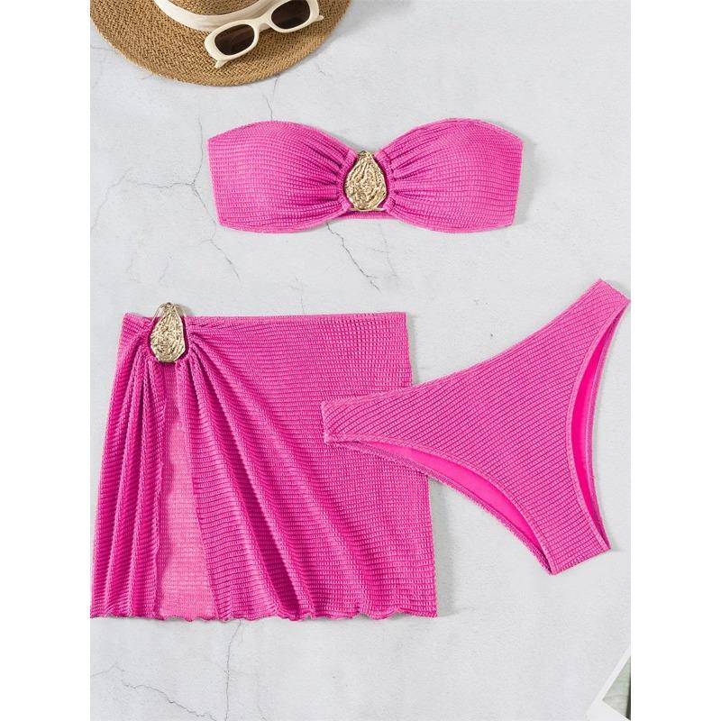 

Сексуальный купальник-бандо для женщин, кофейный, с металлическим украшением в виде капли воды, пуш-ап, сетчатая юбка, купальник из трех частей, пляжный купальный костюм XL розы красного