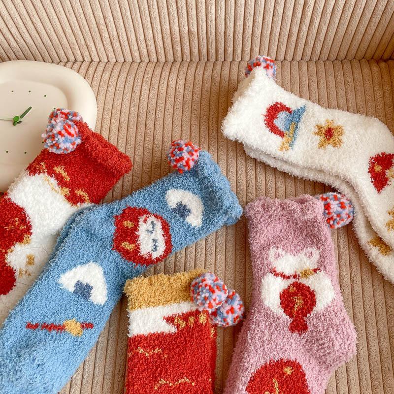 5/10 Pairs Comfortable Casual Winter Coral Fleece Mid Calf Socks Autumn Winter Thickened Warm Home Floor Socks Japanese Style Cartoon Sleep Socks